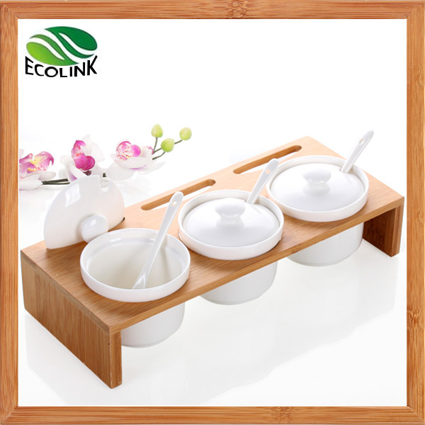 Ansanm de Condiment 3 epis en Pots esipyan banbou Couvercles ak baz banbou