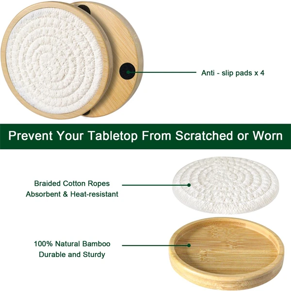 Farmhouse Cotton Woven Bamboo Coasters Absorbent Drink Coaster Set