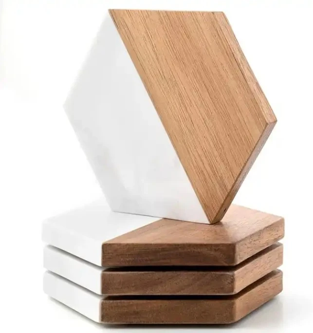 Hexagonal Shape White Marble And Wood Tea Coaster Set Table Top Tea Coffee Coaster