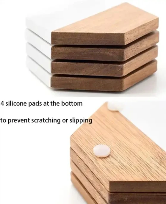 Hexagonal Shape White Marble And Wood Tea Coaster Set Table Top Tea Coffee Coaster