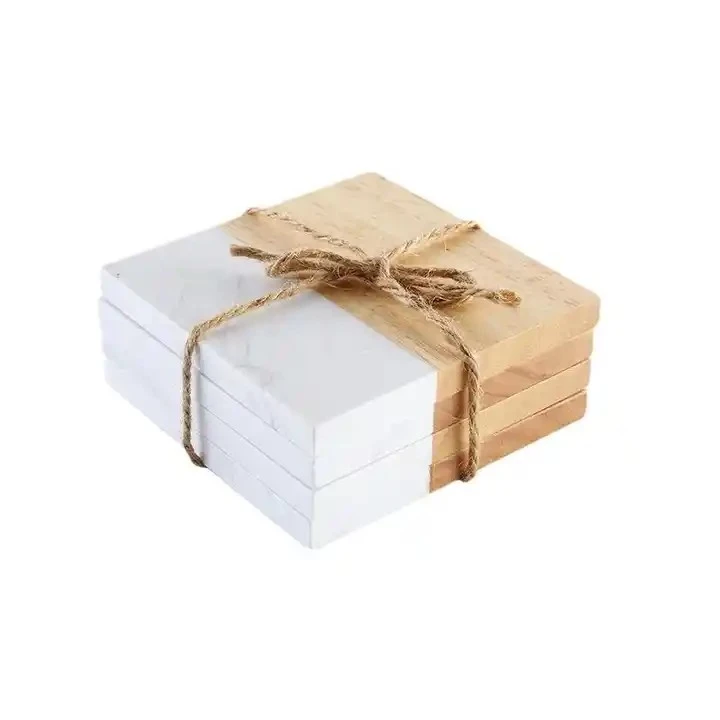 Hexagonal Shape White Marble And Wood Tea Coaster Set Table Top Tea Coffee Coaster