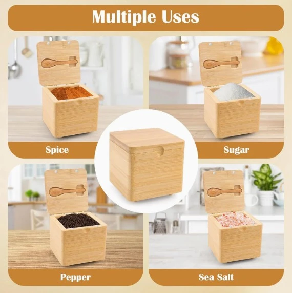 Square Bamboo Salt Box With Magnetic Lid high quality