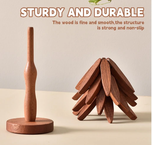 Wooden Tree Shape 4 Trivets Set With 1 Stand
