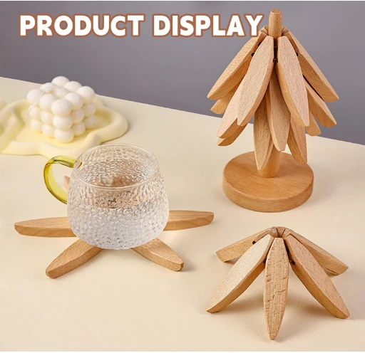 Wooden Tree Shape 4 Trivets Set With 1 Stand